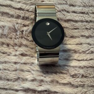 ⭐️ Movado Ladies Silver Watch with Sleek Black Face EXCELLENT Condition